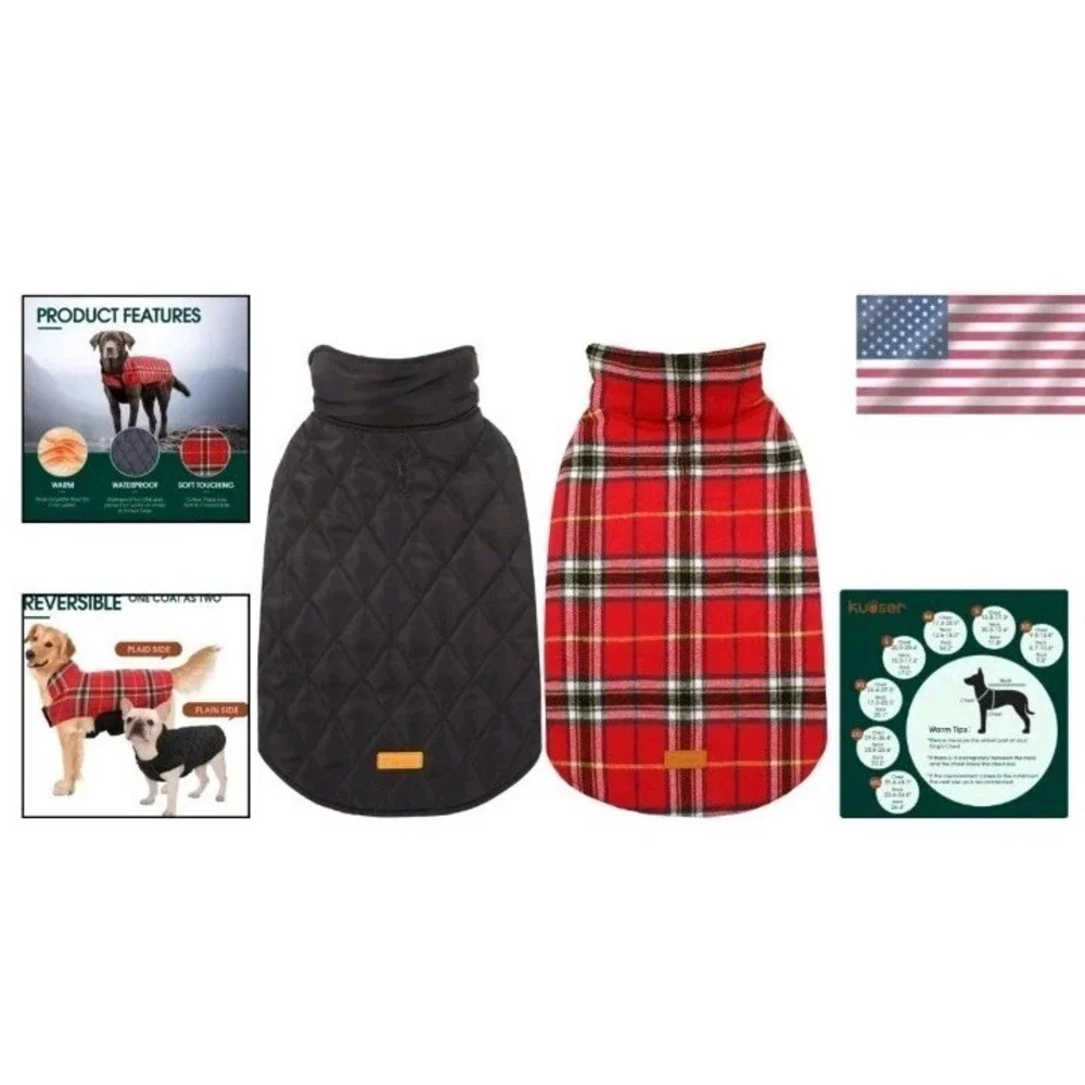 Stylish‎ Waterproof Winter Dog Coat Small - Adjustable & Reversible Plaid Jacket